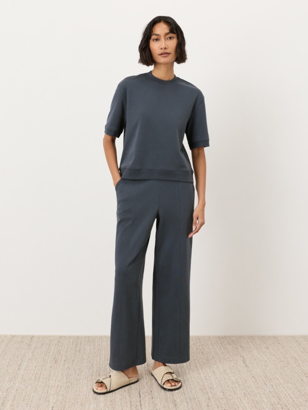 Organic Airplane sweatshirt tee & airplane pintuck wide leg pant steel blue set